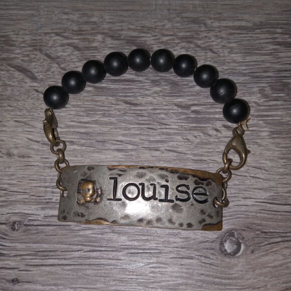 Vintage Rustic Louise Nameplate Bracelet With Skull Beads Art Deco Gothic Tribal - Picture 3 of 6